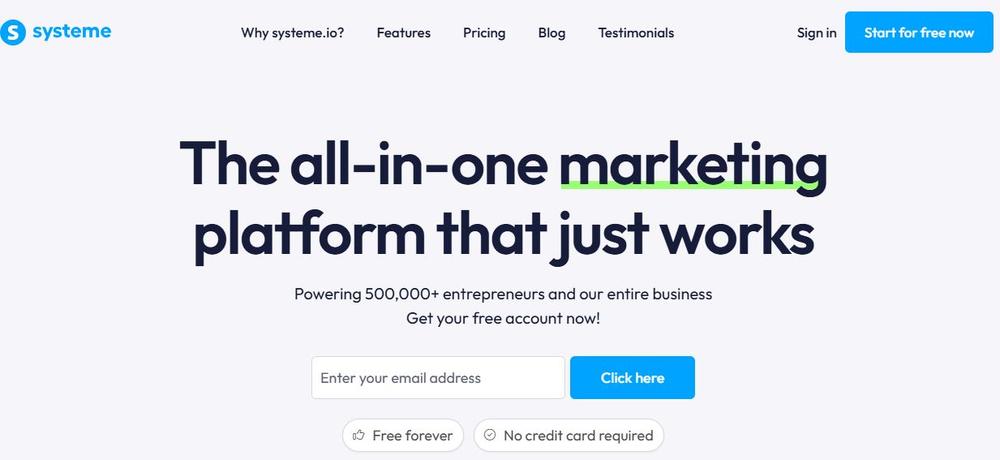 Screenshot of Systeme.io’s homepage