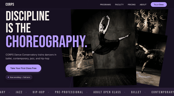 Dance studio website template homepage