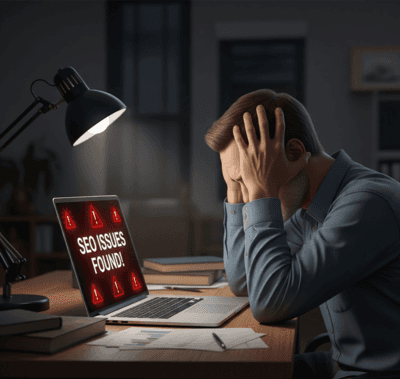 frustrated man holding his head while sitting at a table with a laptop displaying seo issues found on the screen  optimized optimized